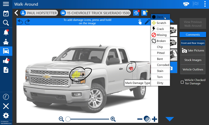screenshot of car on walkaround markup screen in Advanced Service